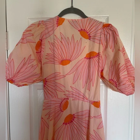 Kate Spade Falling Flower Wrap Midi Dress Pink Orange Puff Sleeve Size 4 - Picture 7 of 16